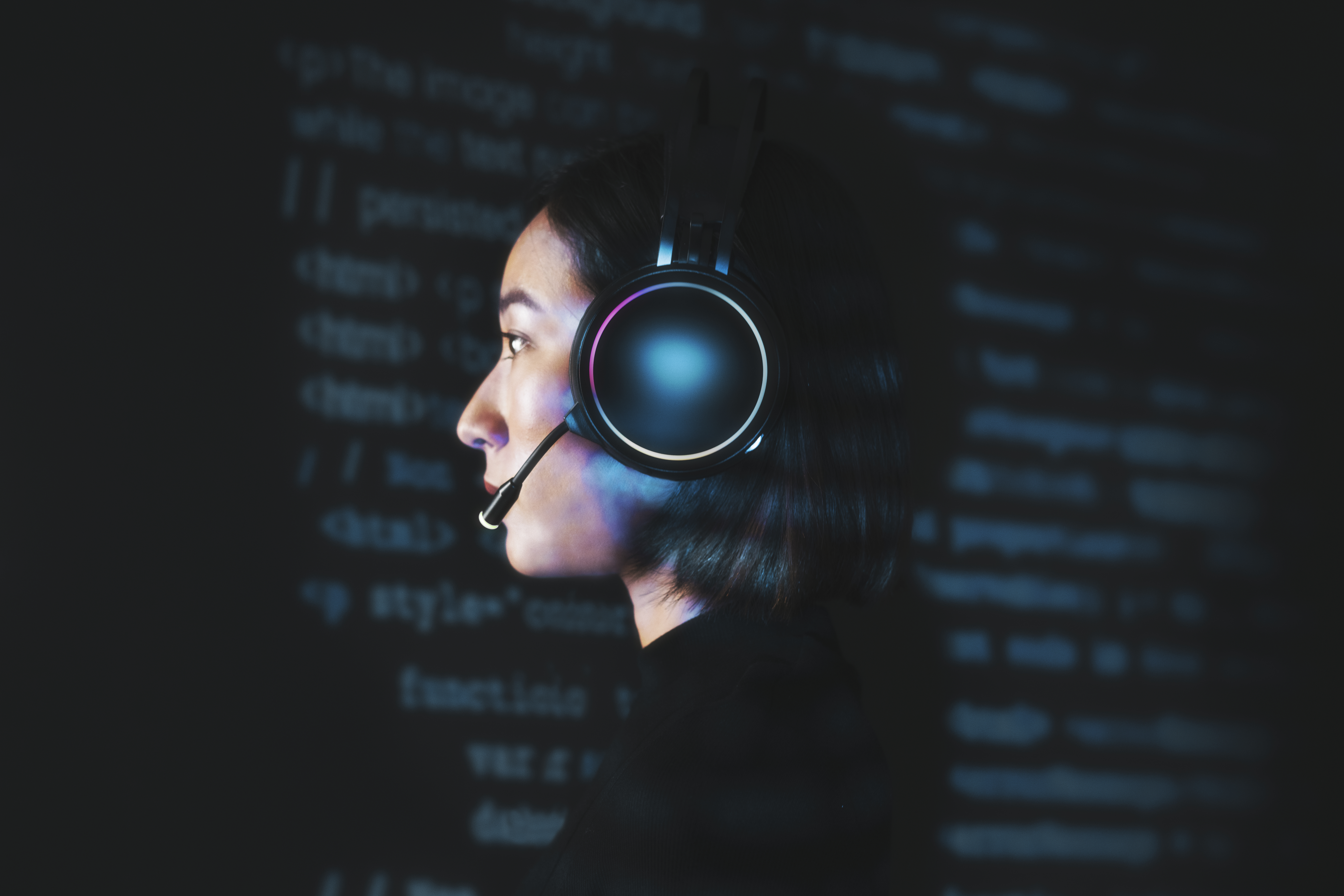 coding over face with headset on