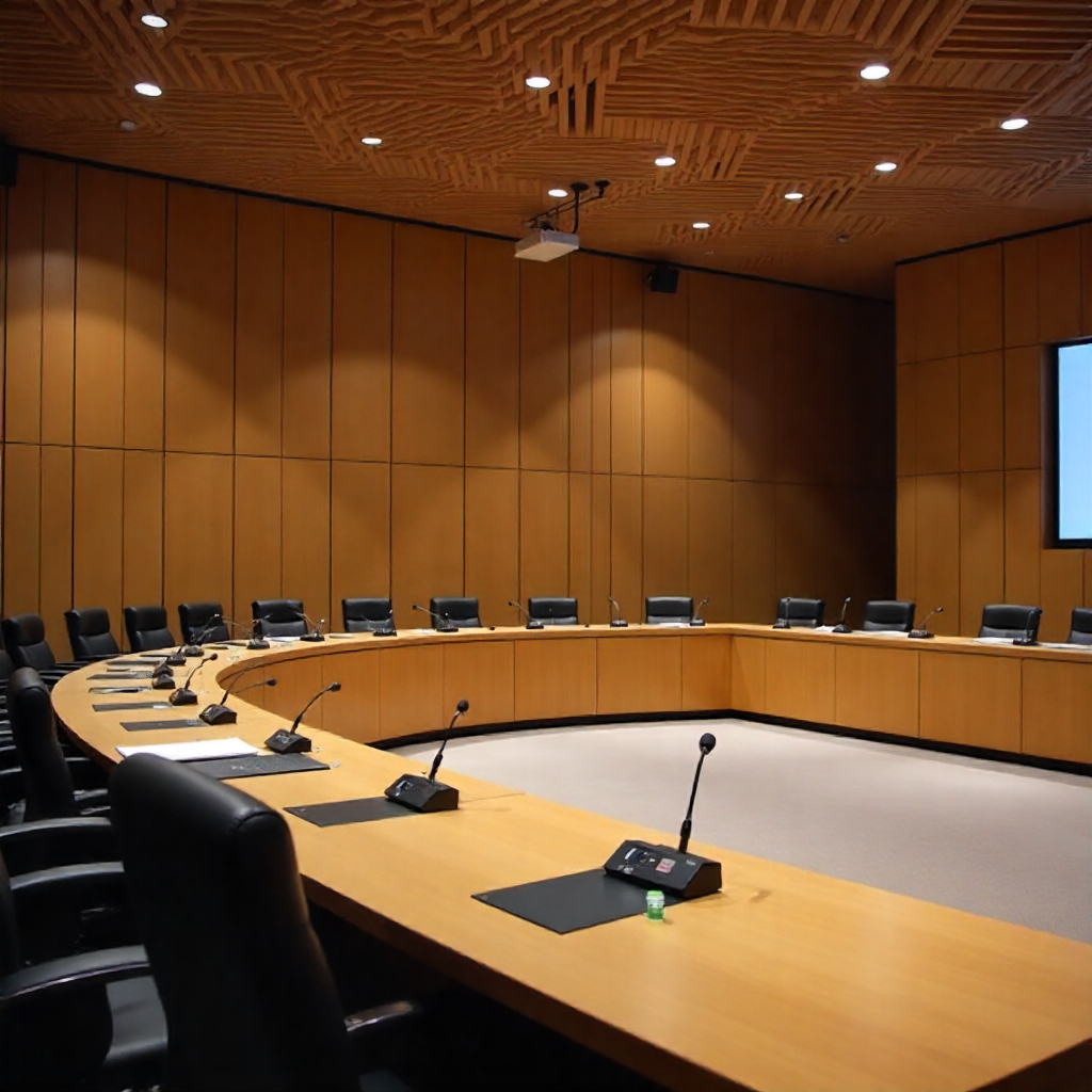 Meeting with microphones, displays, and cameras set up for hybrid meetings